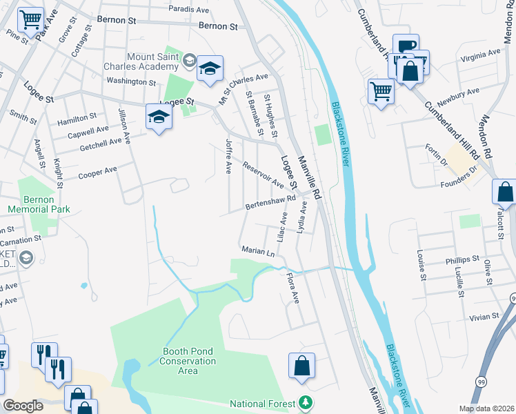map of restaurants, bars, coffee shops, grocery stores, and more near 198 Bertenshaw Rd in Woonsocket