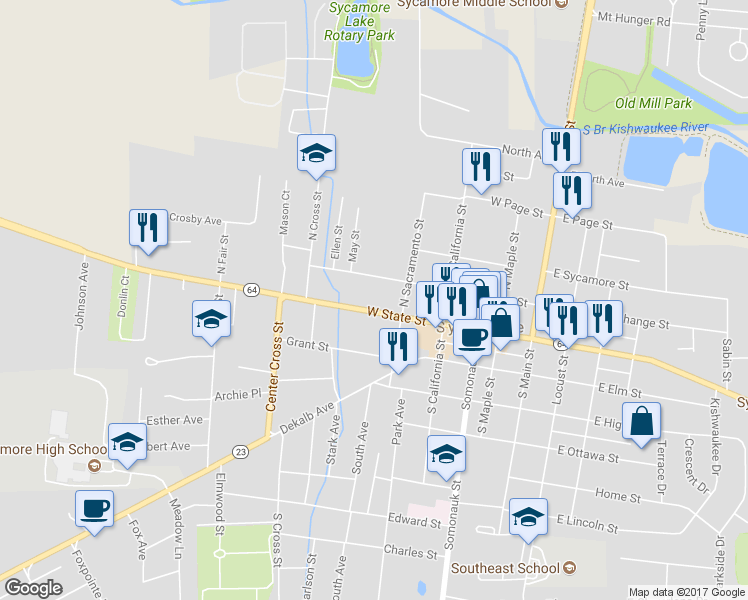 map of restaurants, bars, coffee shops, grocery stores, and more near 533 West State Street in Sycamore