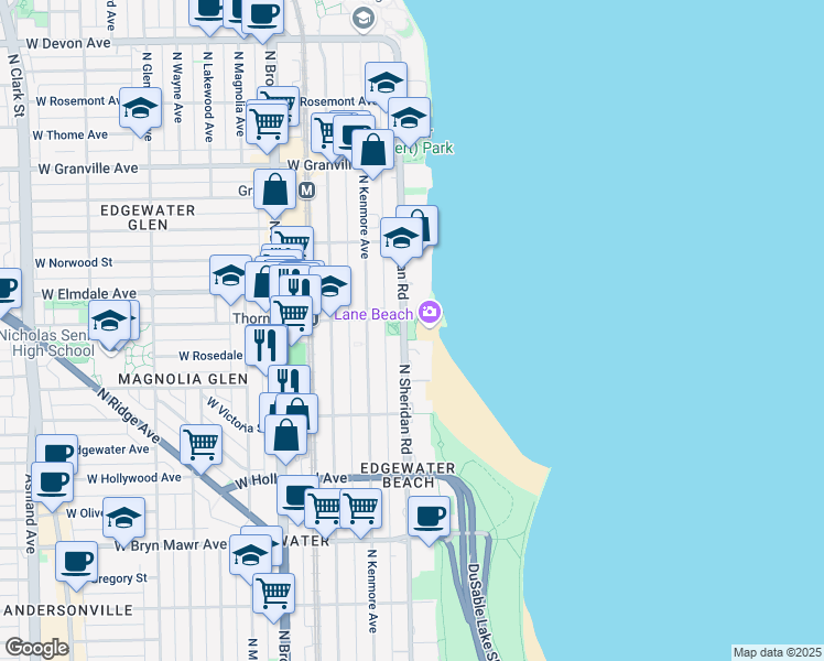 map of restaurants, bars, coffee shops, grocery stores, and more near 5915 North Sheridan Road in Chicago