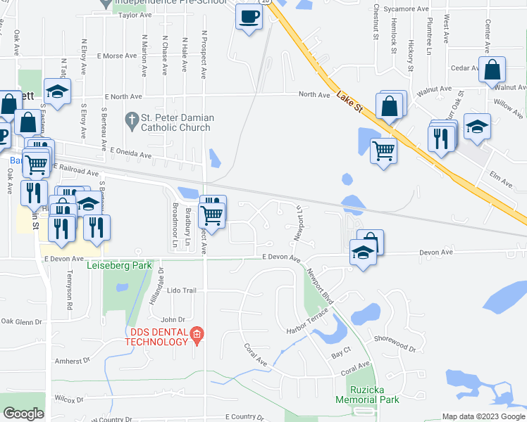 map of restaurants, bars, coffee shops, grocery stores, and more near 320 Newport Lane in Bartlett