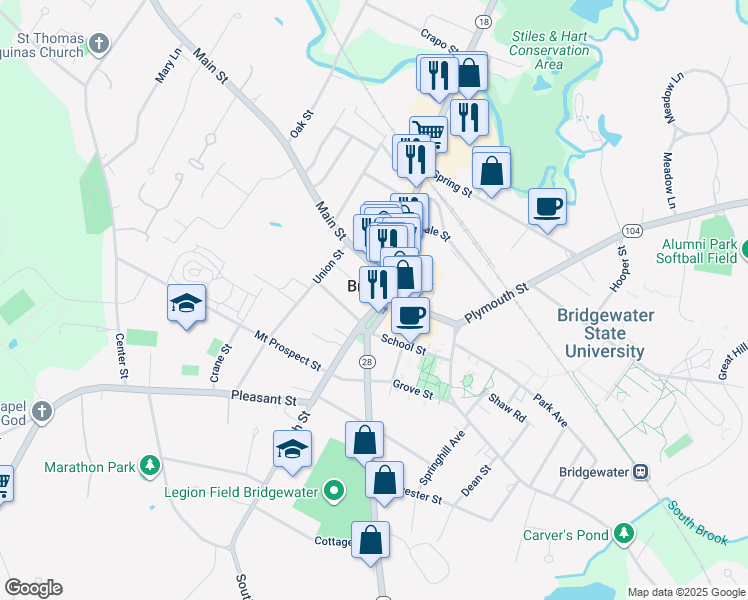 map of restaurants, bars, coffee shops, grocery stores, and more near in Bridgewater