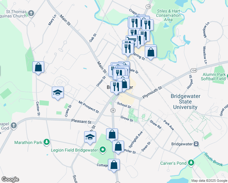 map of restaurants, bars, coffee shops, grocery stores, and more near 71 Central Square in Bridgewater