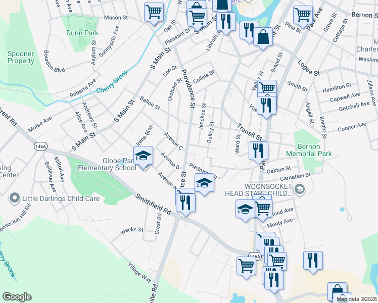 map of restaurants, bars, coffee shops, grocery stores, and more near 524 Providence Street in Woonsocket