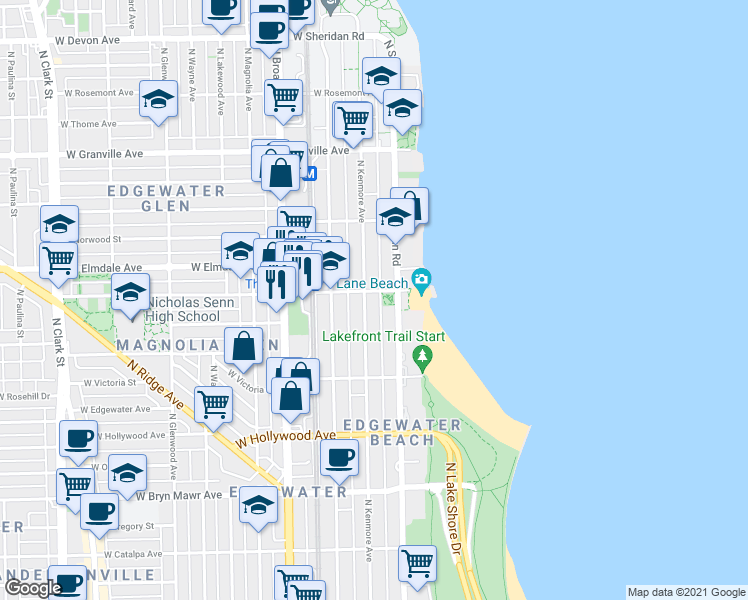 map of restaurants, bars, coffee shops, grocery stores, and more near in Chicago