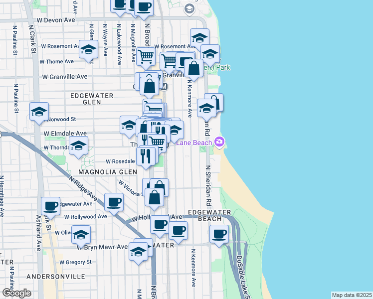map of restaurants, bars, coffee shops, grocery stores, and more near 5908 North Kenmore Avenue in Chicago