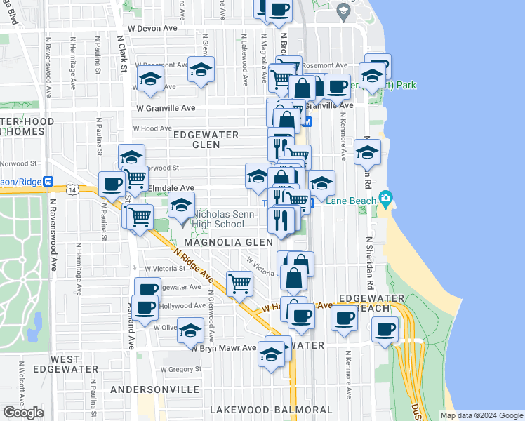 map of restaurants, bars, coffee shops, grocery stores, and more near in Chicago