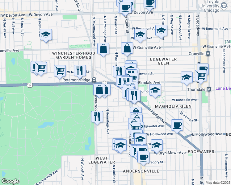 map of restaurants, bars, coffee shops, grocery stores, and more near 5936 North Paulina Street in Chicago