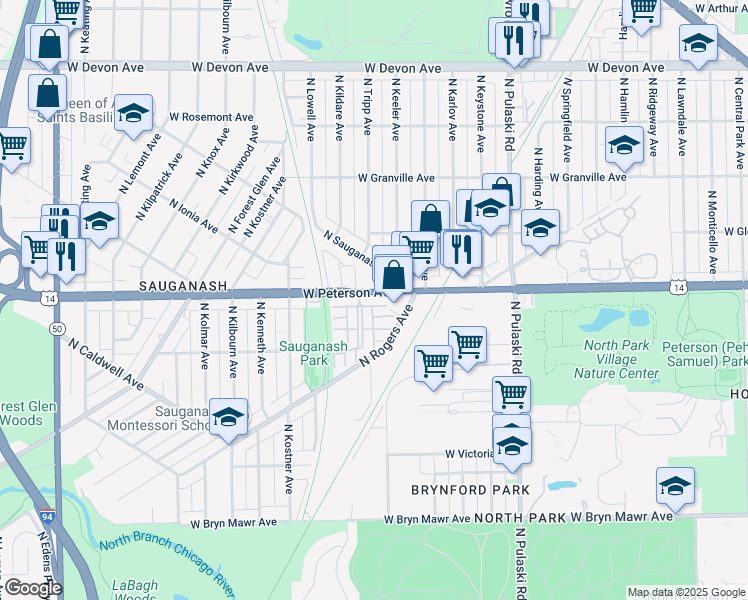 map of restaurants, bars, coffee shops, grocery stores, and more near 5937 North Sauganash Lane in Chicago
