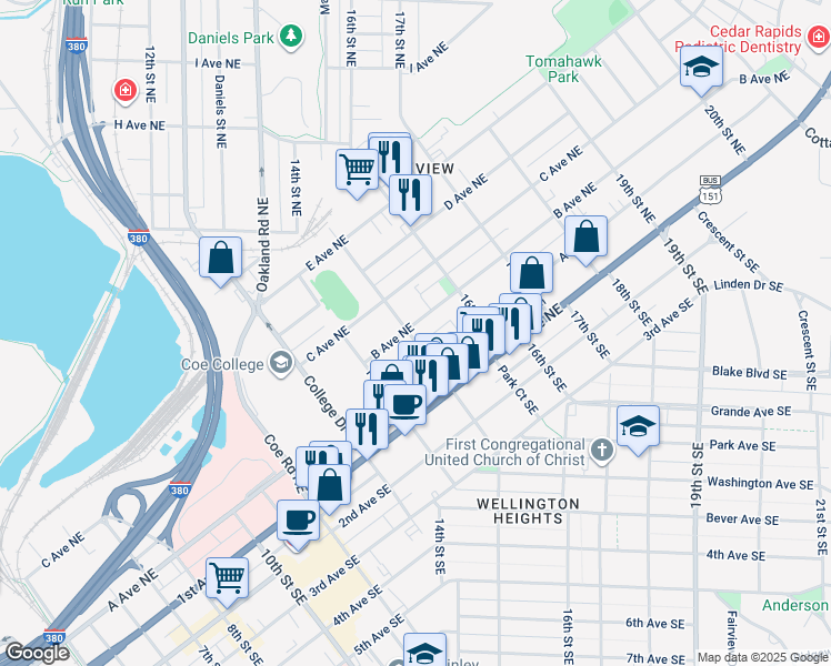 map of restaurants, bars, coffee shops, grocery stores, and more near 1508 A Avenue Northeast in Cedar Rapids