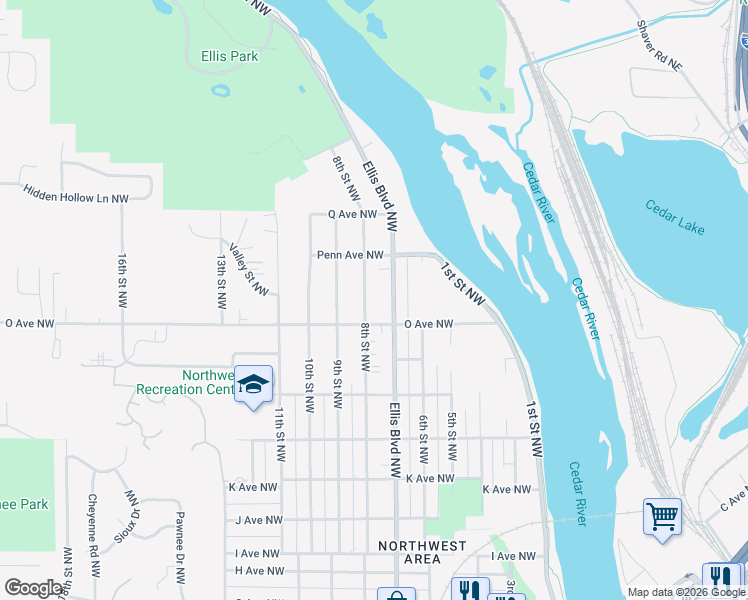 map of restaurants, bars, coffee shops, grocery stores, and more near 1619 8th Street Northwest in Cedar Rapids