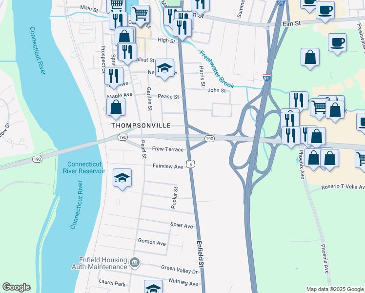 map of restaurants, bars, coffee shops, grocery stores, and more near 1106 Enfield Street in Enfield