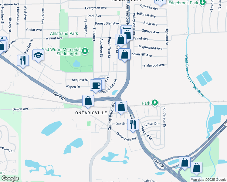 map of restaurants, bars, coffee shops, grocery stores, and more near 1794 Lake Street in Hanover Park
