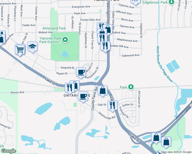 map of restaurants, bars, coffee shops, grocery stores, and more near 1794 Lake Street in Hanover Park