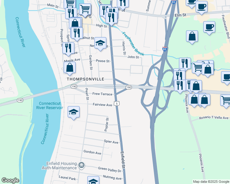 map of restaurants, bars, coffee shops, grocery stores, and more near 1106 Enfield Street in Enfield