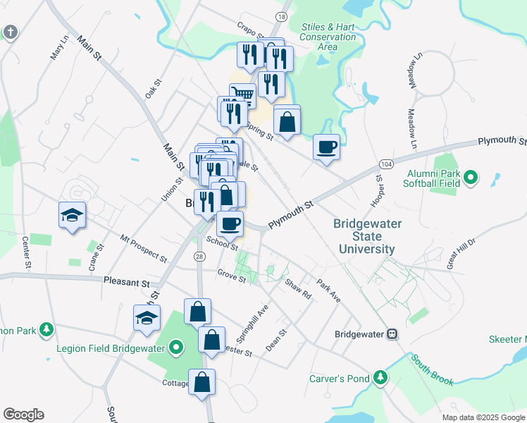 map of restaurants, bars, coffee shops, grocery stores, and more near 40 Summer Street in Bridgewater