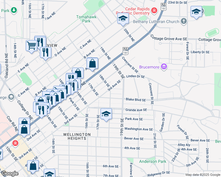 map of restaurants, bars, coffee shops, grocery stores, and more near 3rd Avenue Southeast in Cedar Rapids