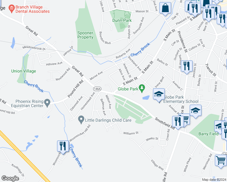 map of restaurants, bars, coffee shops, grocery stores, and more near 641 South Main Street in Woonsocket