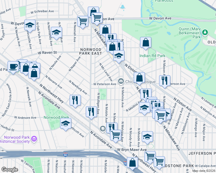 map of restaurants, bars, coffee shops, grocery stores, and more near 5932 North Merrimac Avenue in Chicago