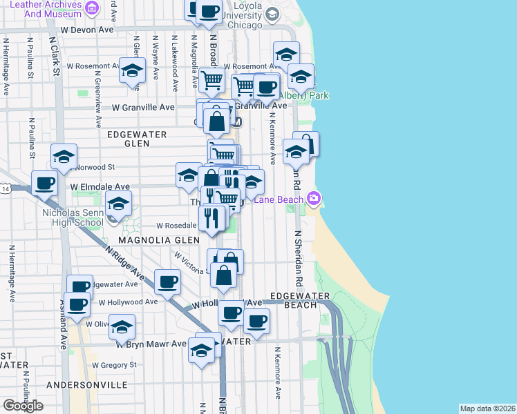 map of restaurants, bars, coffee shops, grocery stores, and more near 1057 West Thorndale Avenue in Chicago