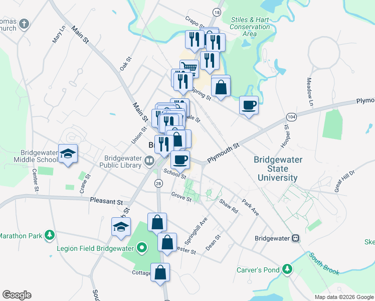 map of restaurants, bars, coffee shops, grocery stores, and more near 20 Summer Street in Bridgewater
