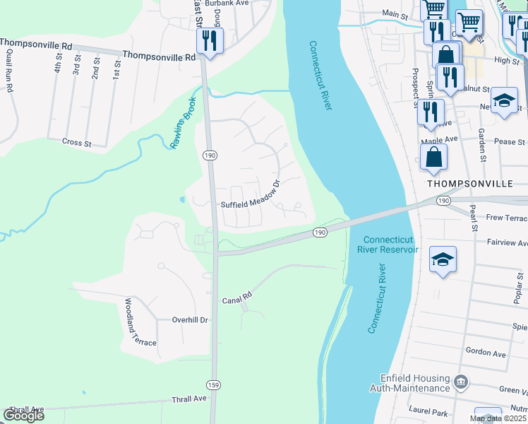 map of restaurants, bars, coffee shops, grocery stores, and more near 205 Mountain Laurel Way in Suffield
