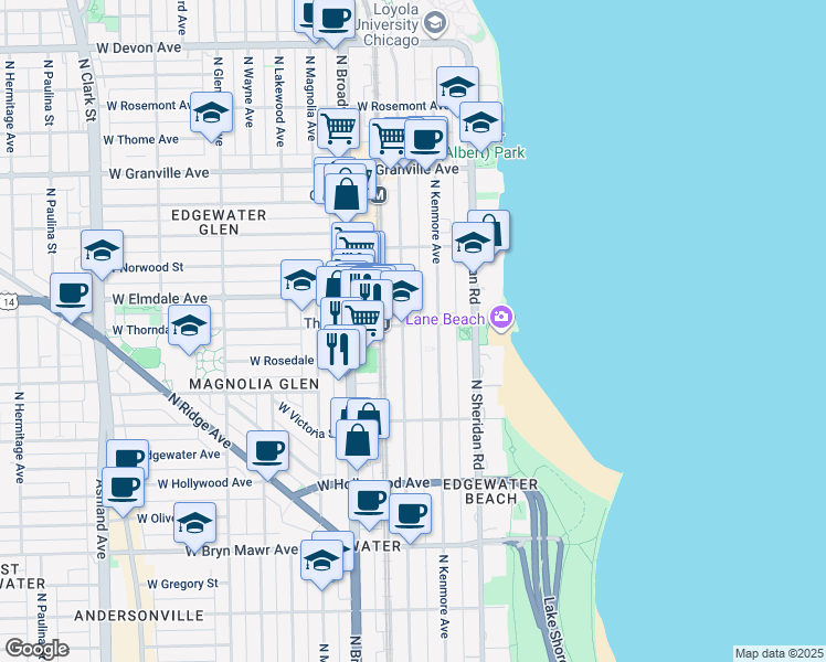map of restaurants, bars, coffee shops, grocery stores, and more near 5832 North Winthrop Avenue in Chicago