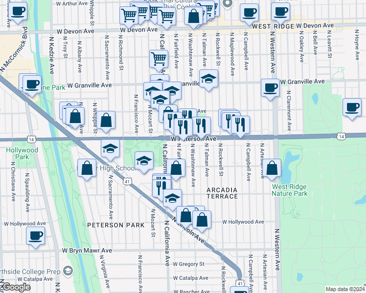 map of restaurants, bars, coffee shops, grocery stores, and more near 5928 North Washtenaw Avenue in Chicago