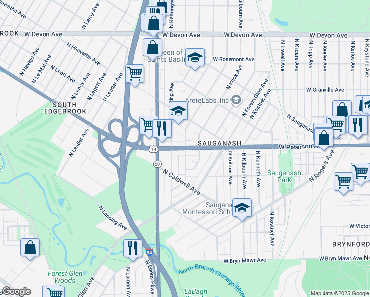 map of restaurants, bars, coffee shops, grocery stores, and more near 4677 West Peterson Avenue in Chicago