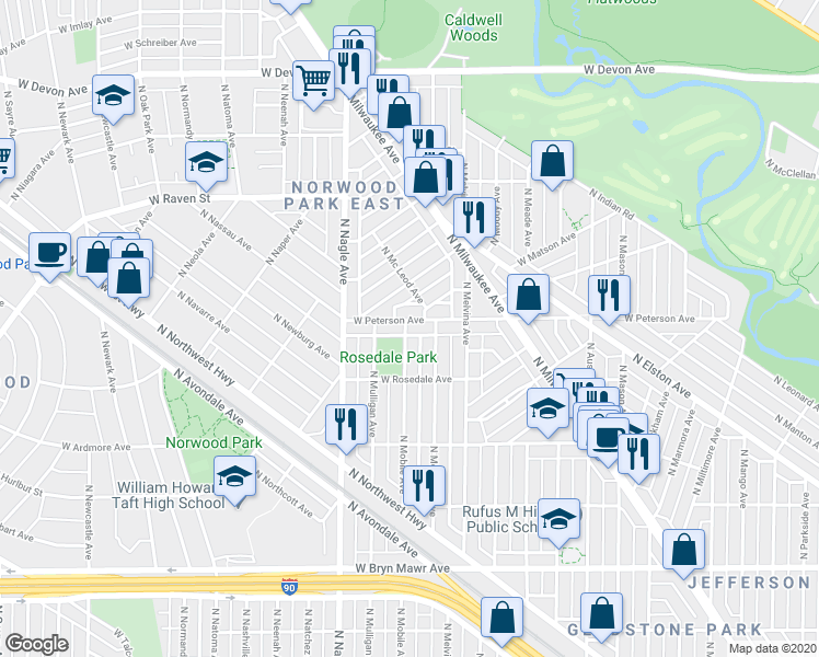 map of restaurants, bars, coffee shops, grocery stores, and more near 5932 North Merrimac Avenue in Chicago