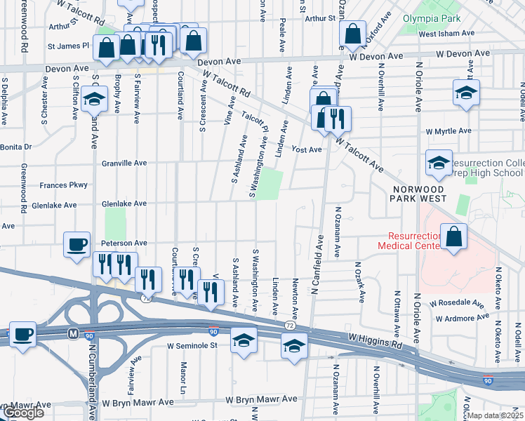 map of restaurants, bars, coffee shops, grocery stores, and more near 1705 South Washington Avenue in Park Ridge