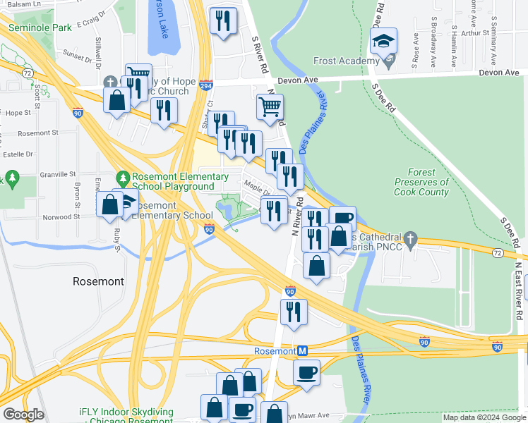 map of restaurants, bars, coffee shops, grocery stores, and more near 9446 Glenlake Street in Rosemont