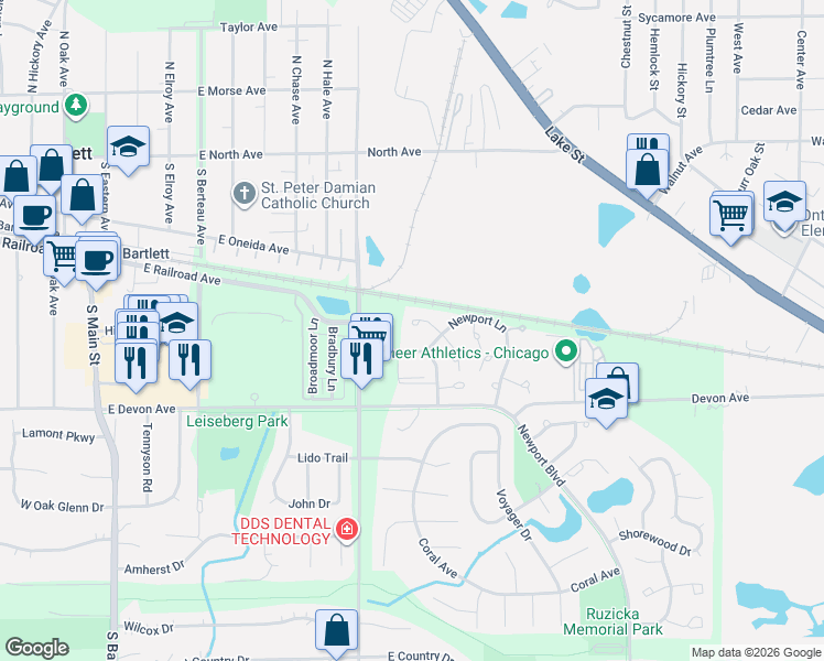 map of restaurants, bars, coffee shops, grocery stores, and more near 303 Newport Lane in Bartlett