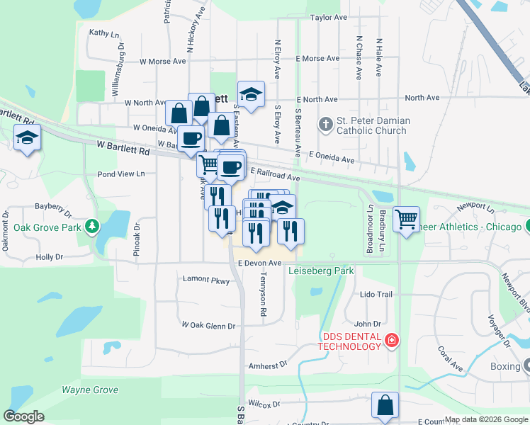 map of restaurants, bars, coffee shops, grocery stores, and more near 145 Hillcrest Lane in Bartlett