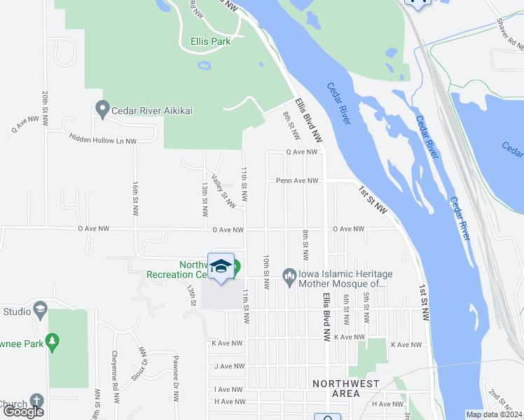 map of restaurants, bars, coffee shops, grocery stores, and more near 1630 10th Street Northwest in Cedar Rapids