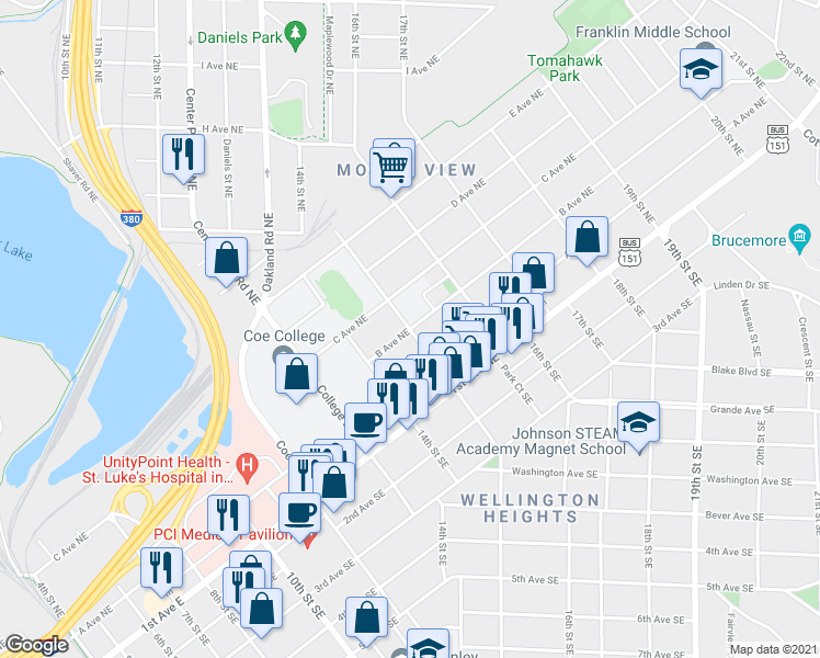 map of restaurants, bars, coffee shops, grocery stores, and more near 1500 B Avenue Northeast in Cedar Rapids