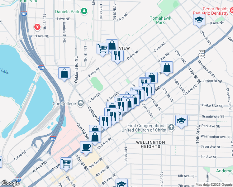 map of restaurants, bars, coffee shops, grocery stores, and more near 1500 B Avenue Northeast in Cedar Rapids