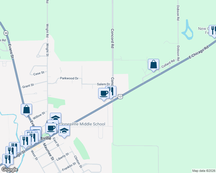 map of restaurants, bars, coffee shops, grocery stores, and more near 626 Cabot Circle in Jonesville