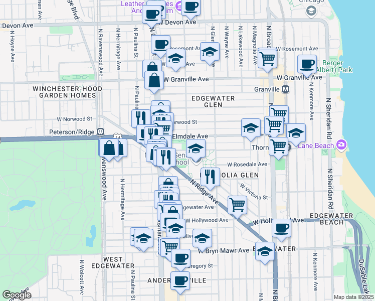 map of restaurants, bars, coffee shops, grocery stores, and more near 1499 W Thorndale Ave in Chicago