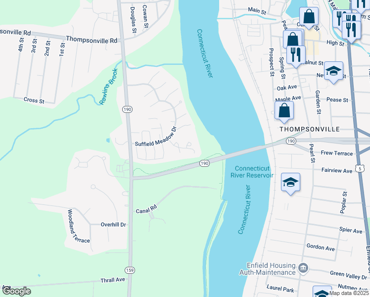 map of restaurants, bars, coffee shops, grocery stores, and more near 160 Dusky Lane in Suffield