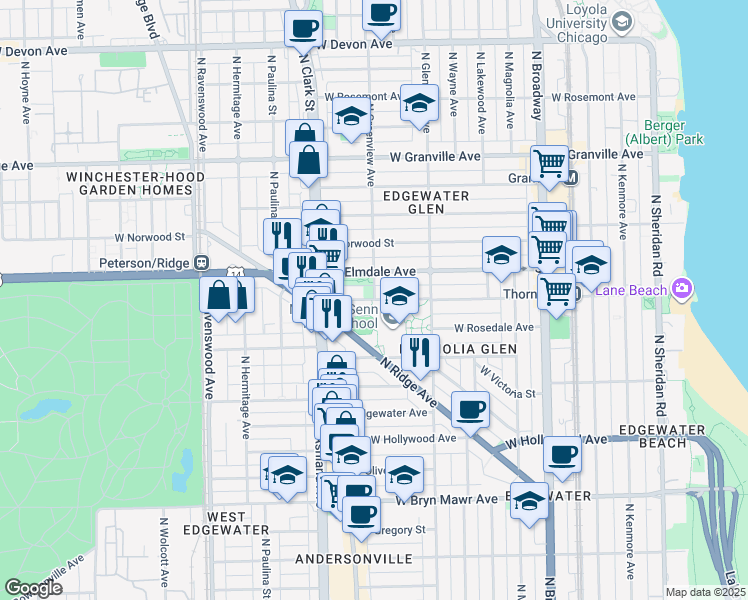 map of restaurants, bars, coffee shops, grocery stores, and more near W Thorndale Ave & N Greenview Ave in Chicago