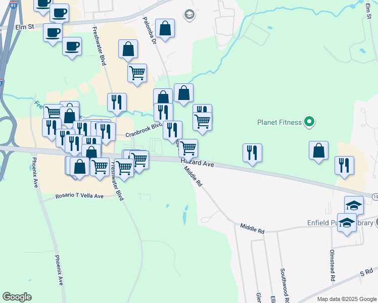 map of restaurants, bars, coffee shops, grocery stores, and more near 71 Palomba Drive in Enfield