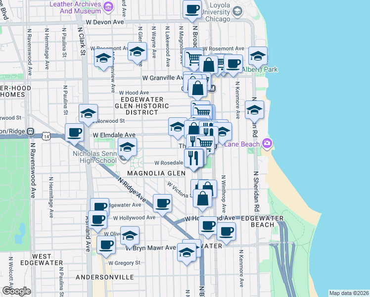 map of restaurants, bars, coffee shops, grocery stores, and more near 1231 W Thorndale Ave in Chicago