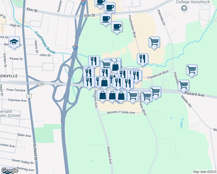 map of restaurants, bars, coffee shops, grocery stores, and more near 14 Hazard Avenue in Enfield