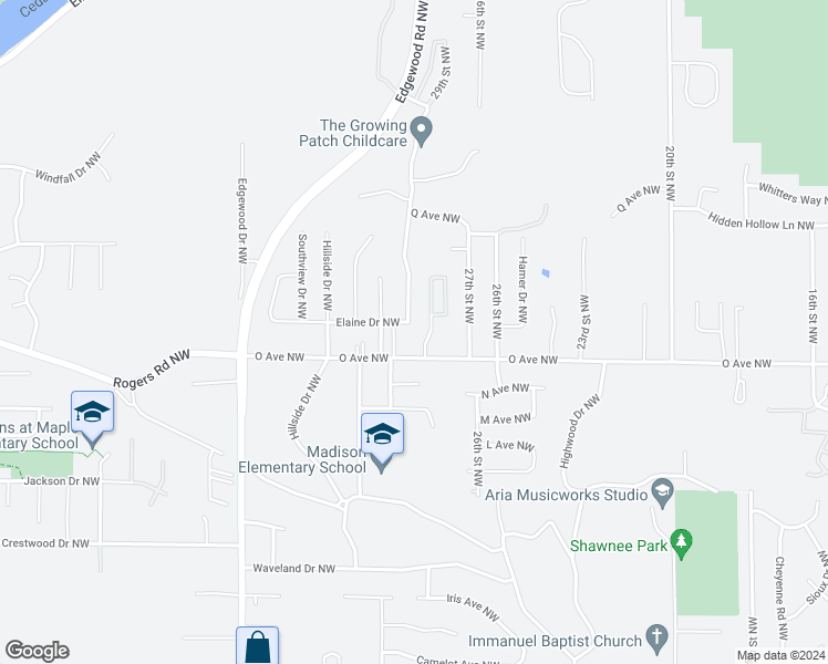 map of restaurants, bars, coffee shops, grocery stores, and more near 2801 Elaine Drive Northwest in Cedar Rapids