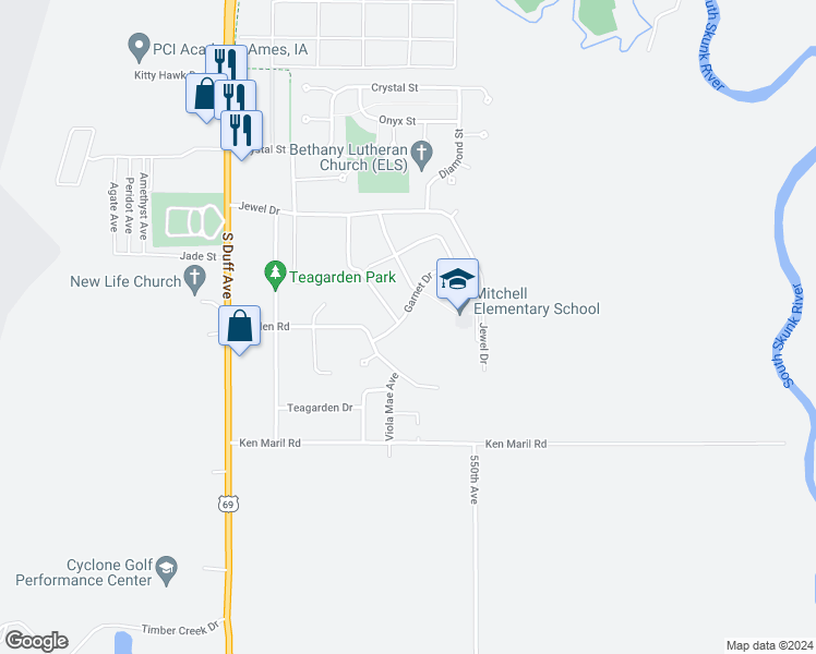 map of restaurants, bars, coffee shops, grocery stores, and more near 630 Garnet Drive in Ames