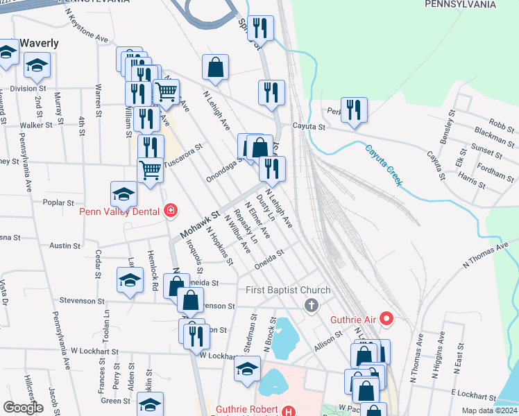 map of restaurants, bars, coffee shops, grocery stores, and more near 604 North Elmer Avenue in Sayre