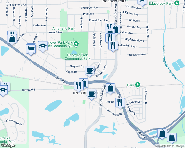 map of restaurants, bars, coffee shops, grocery stores, and more near 1780 West Lake Street in Hanover Park