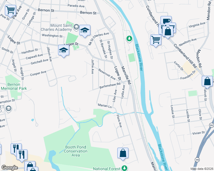 map of restaurants, bars, coffee shops, grocery stores, and more near 198 Bertenshaw Road in Woonsocket