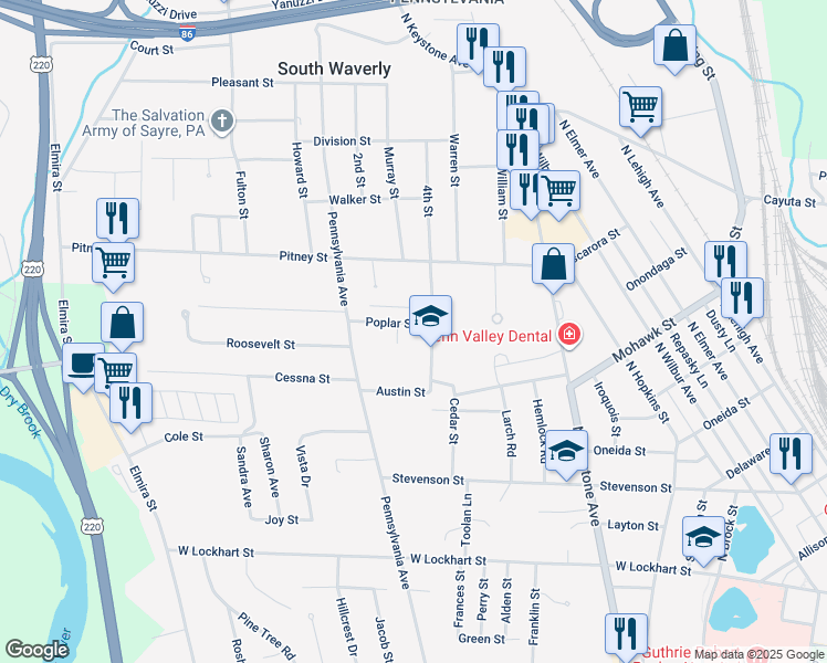 map of restaurants, bars, coffee shops, grocery stores, and more near 1942 North Pennsylvania Avenue in Sayre