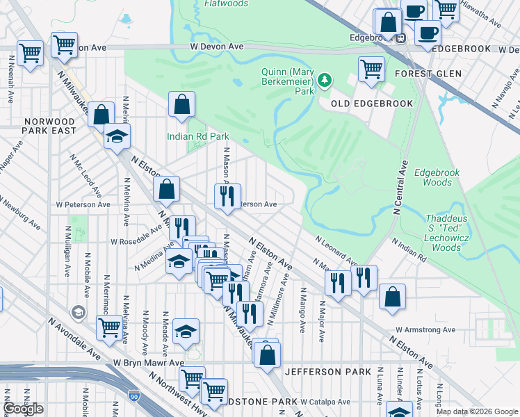 map of restaurants, bars, coffee shops, grocery stores, and more near 5946 North Markham Avenue in Chicago